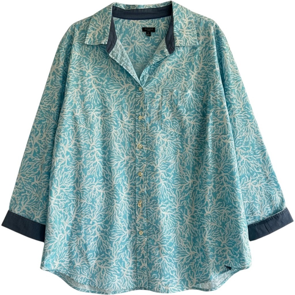Talbots Woman Button Up Shirt 3X Blue Coral Long Sleeve Tropical Vacation Resort